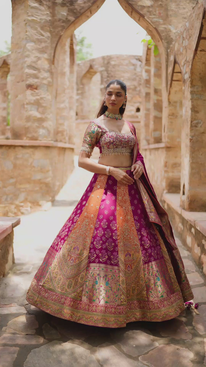 Rani Pink and Multicolour Lehenga Choli with Intricate Golden Embroidery
