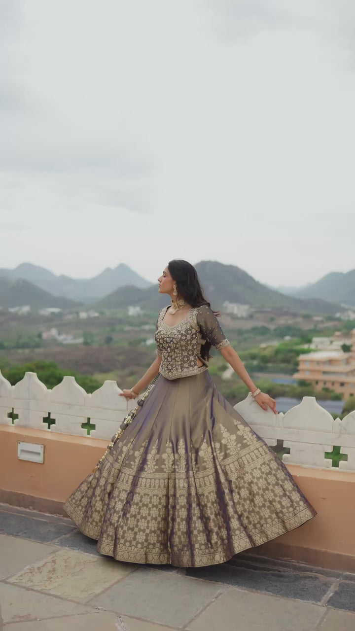 Slate Blue Designer Lehenga Choli with Antique Gold Floral Embroidery