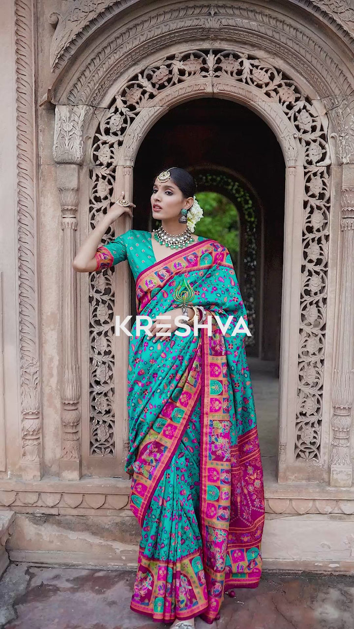 Emerald Green Heritage Pashmina Printed Saree with Magenta Border & Folk Motifs
