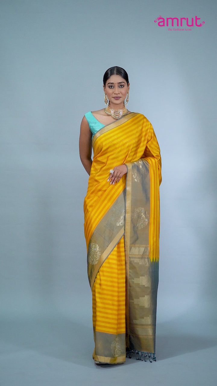 Mustard Yellow Striped Saree with Zari Gray Border Embellishment with Unstitched Blouse