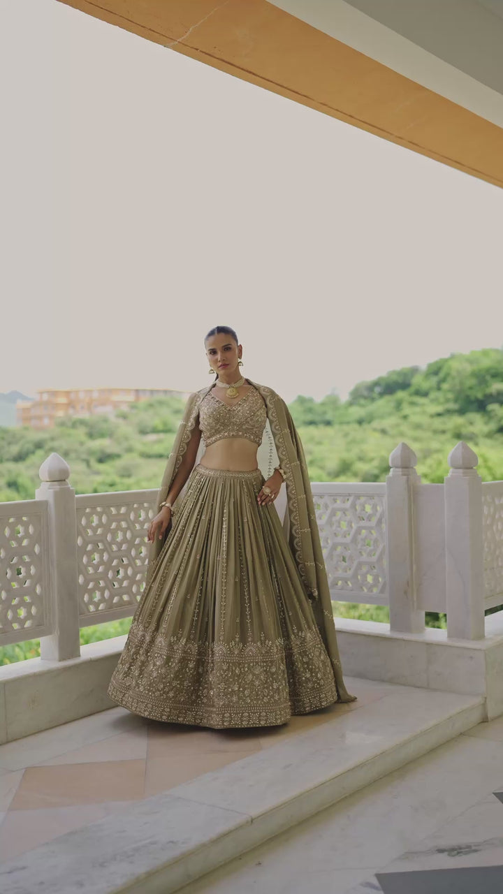 Sage Gold Mirror and Zari Work Lehenga Choli Set