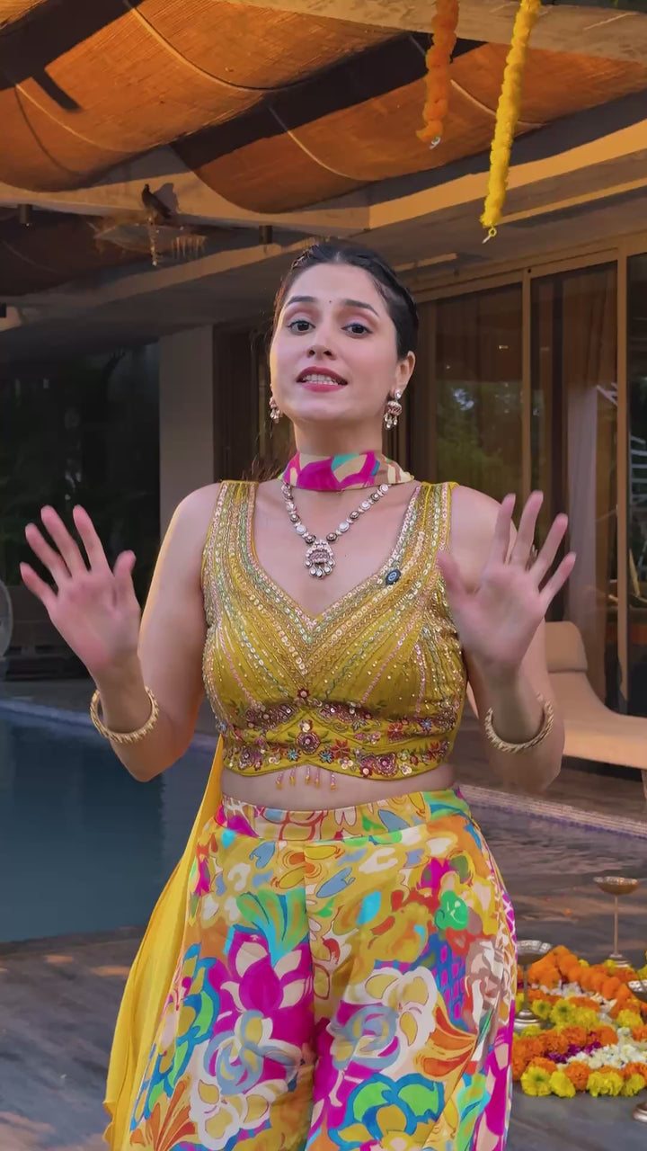Sunshine Bloom Yellow Embroidered Palazzo Suit with Floral Print Pants & Sequin Crop To