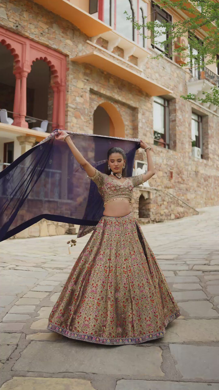 Beige Floral Lehenga Choli with Golden Embroidery and Navy Blue Dupatta