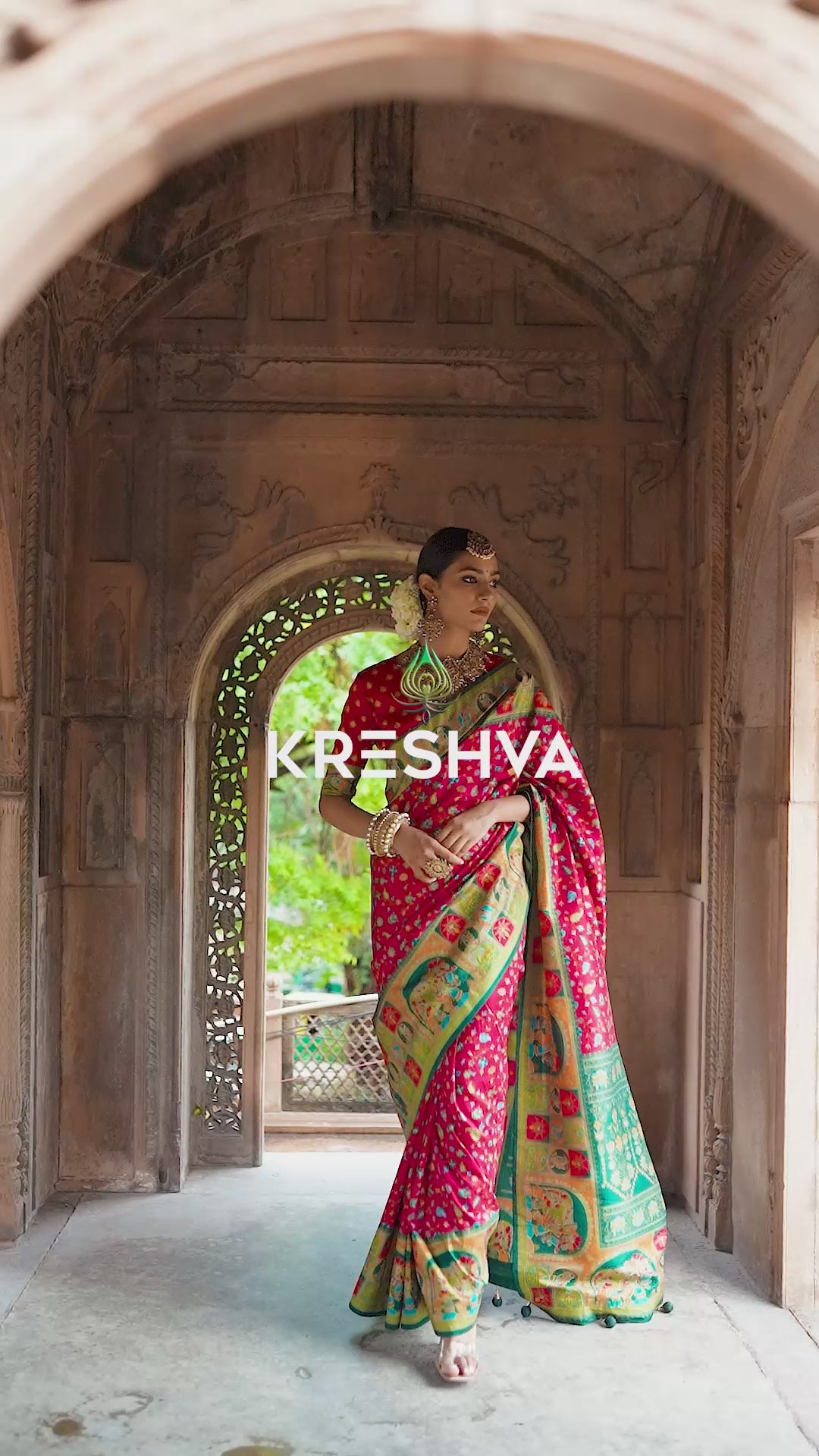 Royal Red Heritage Pashmina Printed Saree with Green Border & Traditional Motifs