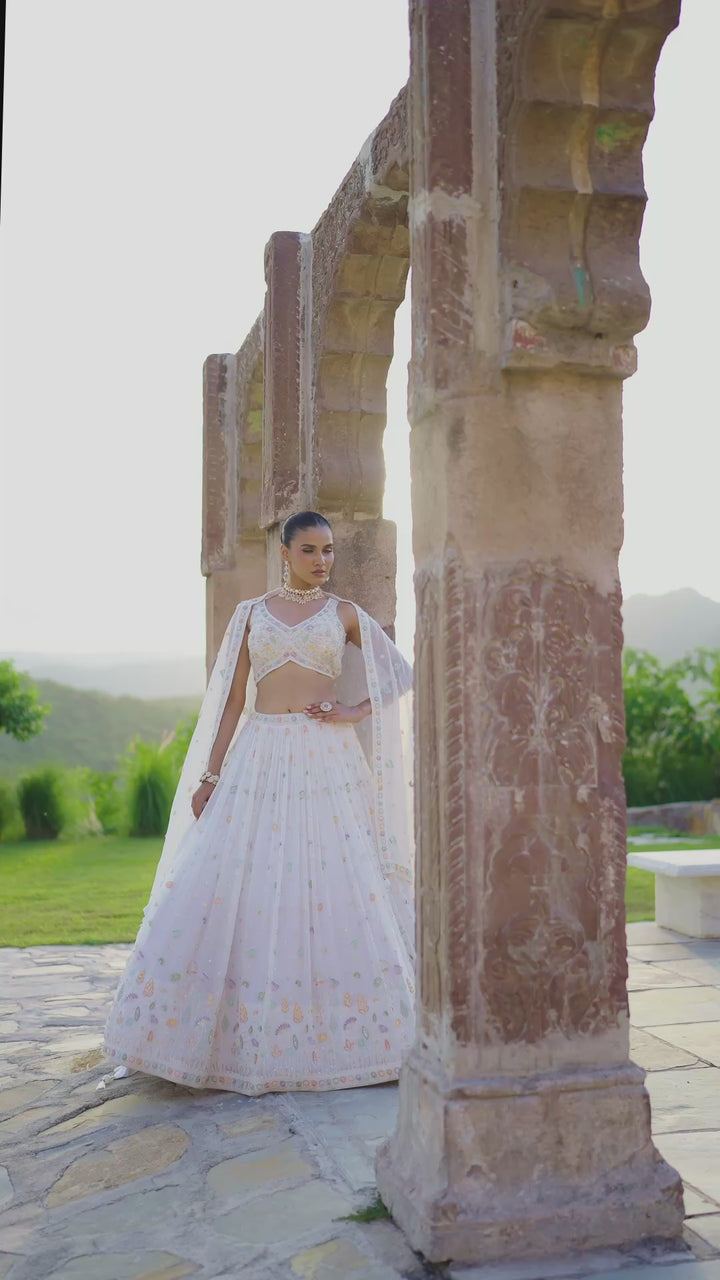 Ivory Multicolour Sequin & Thread Embroidered Designer Lehenga with Cape Dupatta