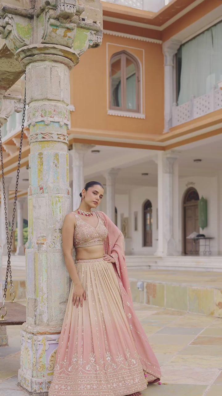 Blush Pink–Ombre Heavy Embroidered Designer Lehenga with Sequins, Zari