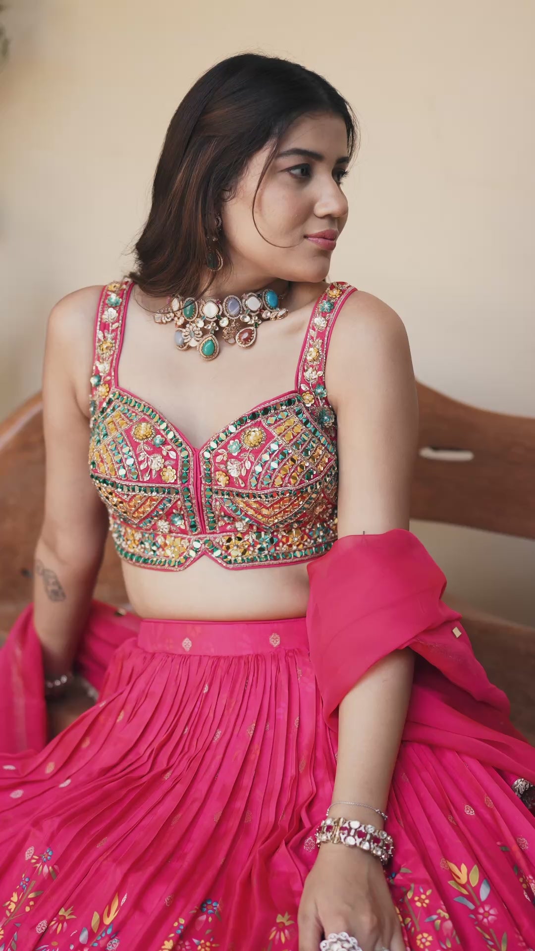 Hot Pink Designer Lehenga Set with Multicolor Mirror Work Blouse & Peacock Print Skirt