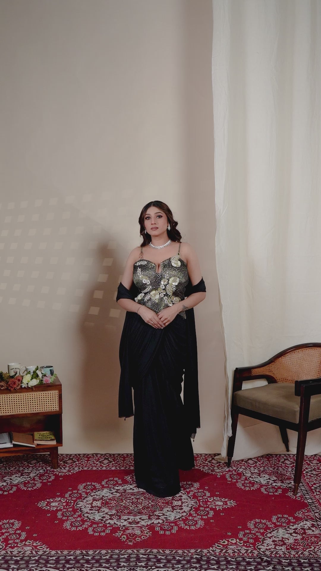 Midnight Black Indo-Western Drape Set with Embroidered Corset Top