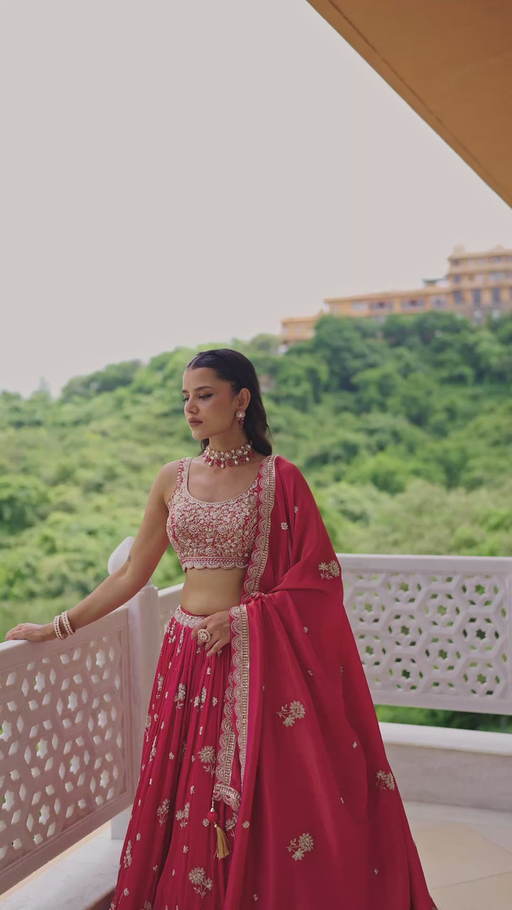 Red Silk Blend Lehenga Choli with Opulent Golden Floral Embroidery & Dupatta