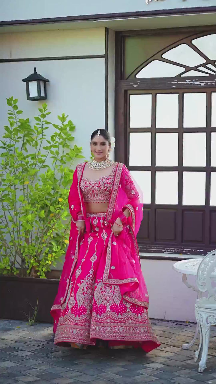 Hot Pink Embroidered Bridal Lehenga Choli Set