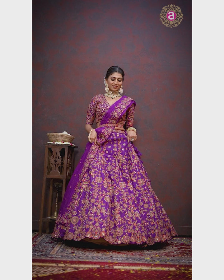 Dark Orchid Floral Embroidered  Lehenga Choli With Dupatta