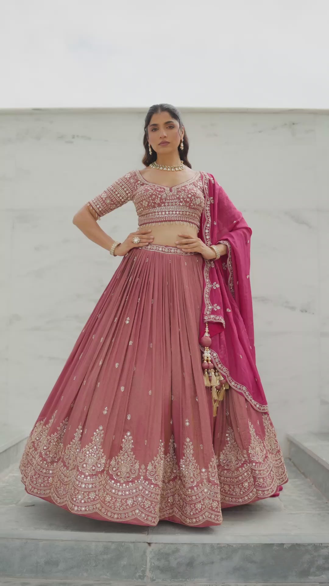 Dusty Rose Pink Lehenga Choli with Magenta Dupatta and Intricate Golden Embroidery