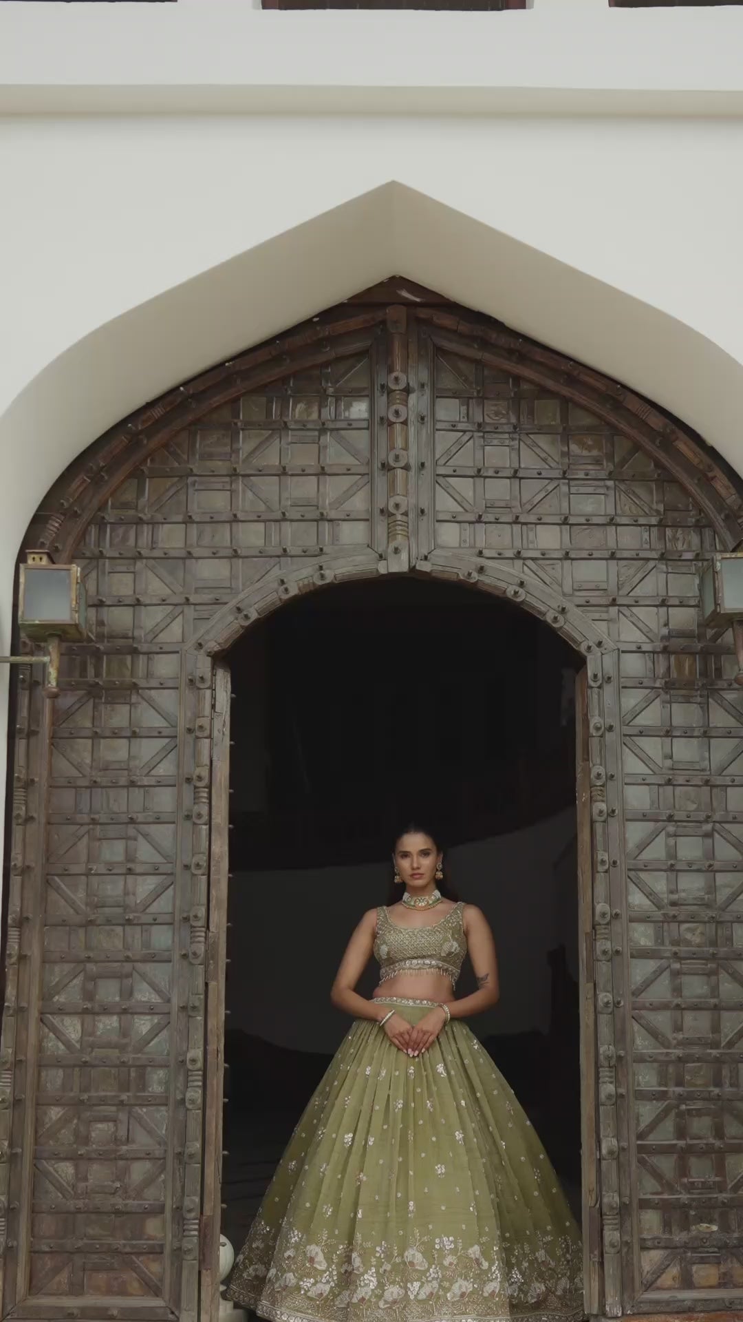 Olive Green Lehenga Choli with Golden Floral Embroidery and Embellished Border