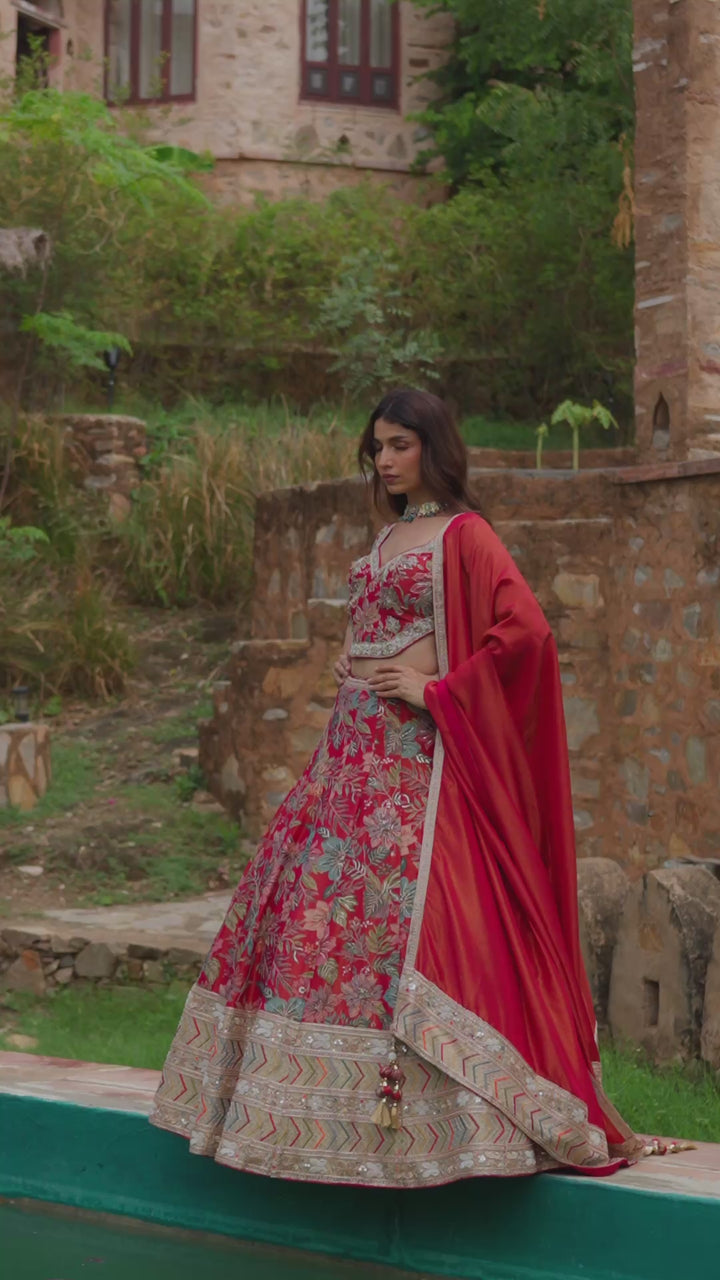 Royal Red Floral Embroidered Lehenga Choli with Dupatta
