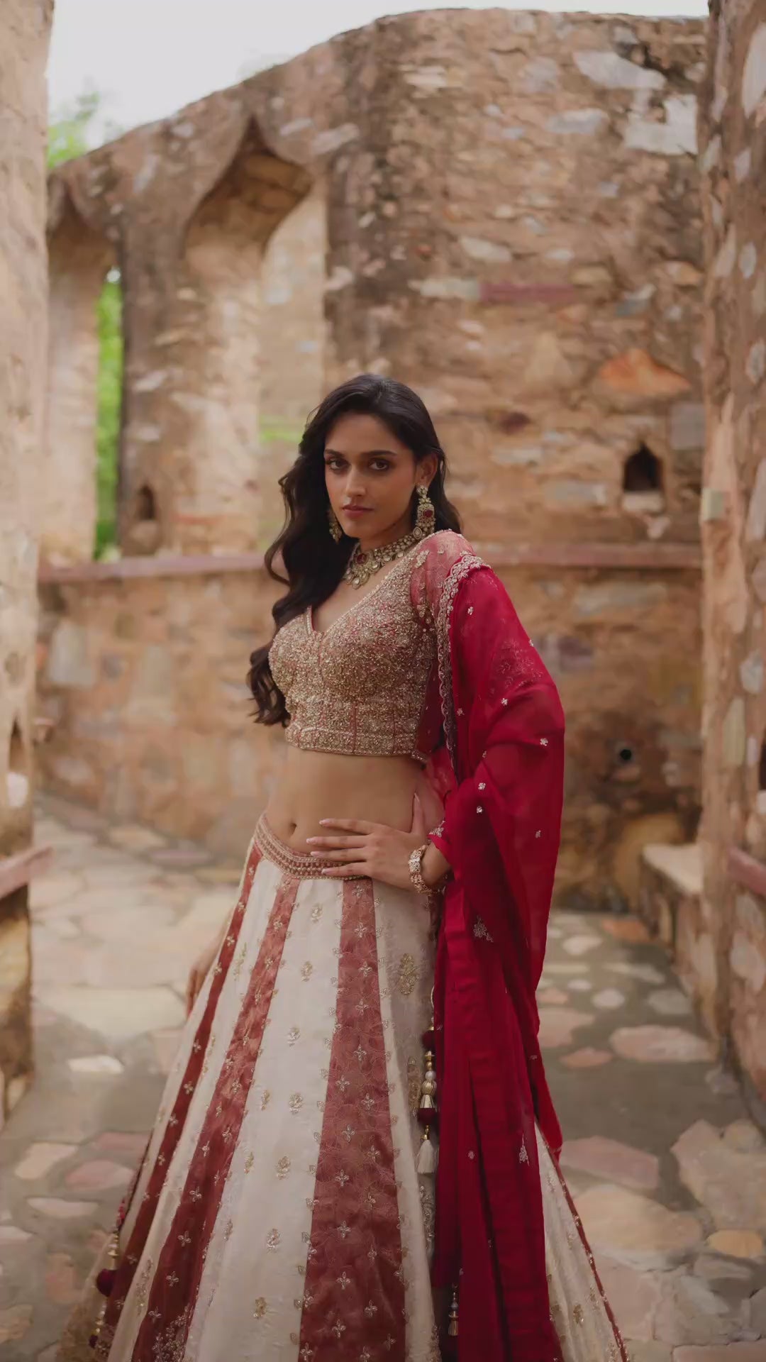 Ivory and Maroon Designer Lehenga Choli with Multicolour Embroidered Panels