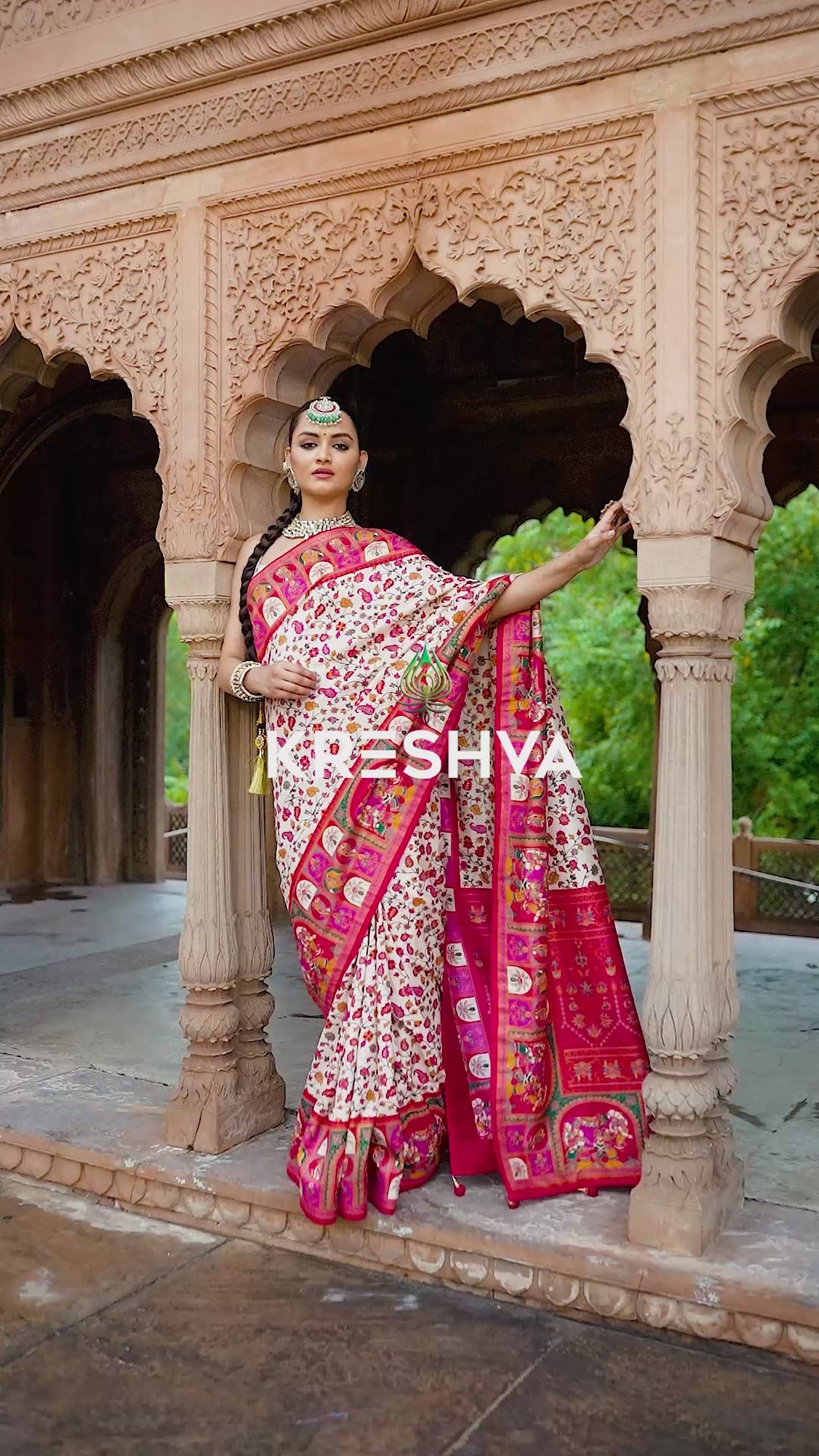 Ivory Cream Heritage Pashmina Printed Saree with Pink Border & Traditional Motifs