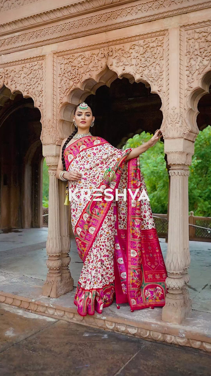 Ivory Cream Heritage Pashmina Printed Saree with Pink Border & Traditional Motifs