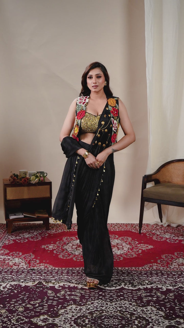 Black Ready to Wear Saree with Embroidered Jacket Blouse