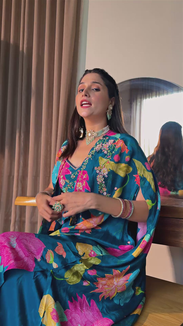 Midnight Bloom Blue Embroidered Palazzo Suit with Printed Cape & Tassel Blouse