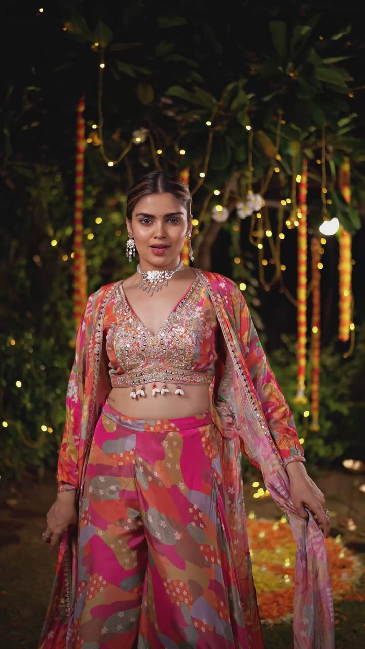 Sunset Bloom Embroidered Palazzo Suit Set with Printed Cape & Sequin Blouse