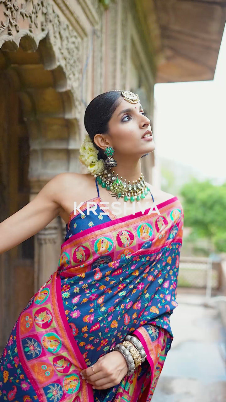 Midnight Blue Heritage Pashmina Printed Saree with Pink Border & Traditional Motifs