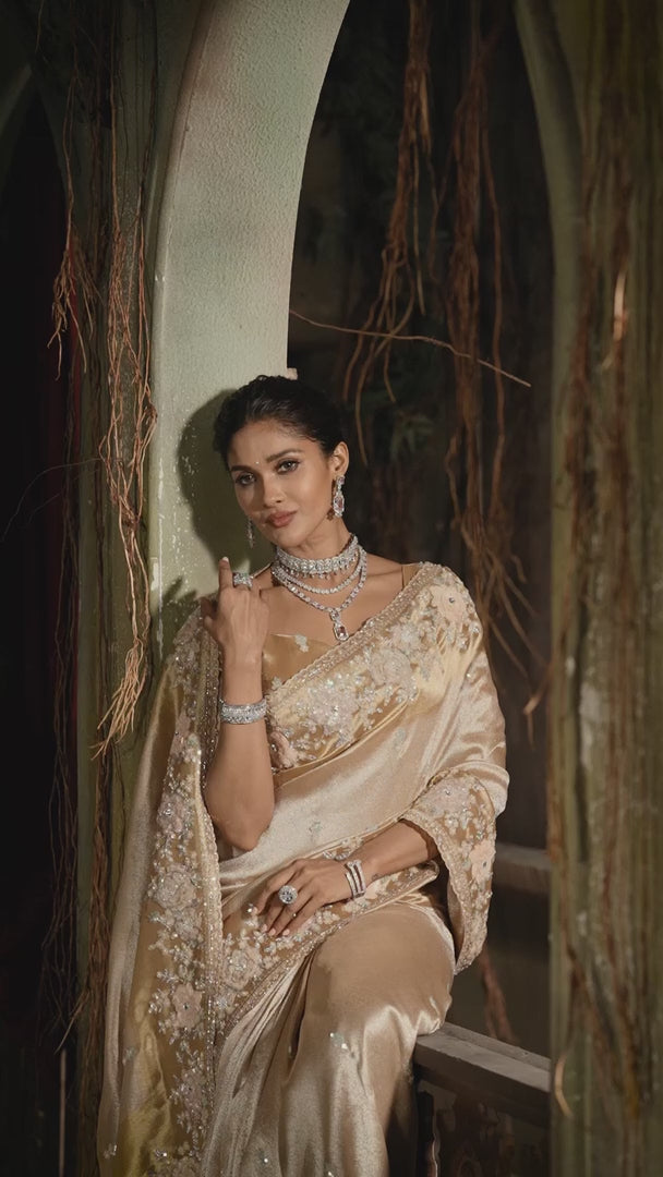 Luxury Champagne Gold Silk Saree with Floral Embroidered Border