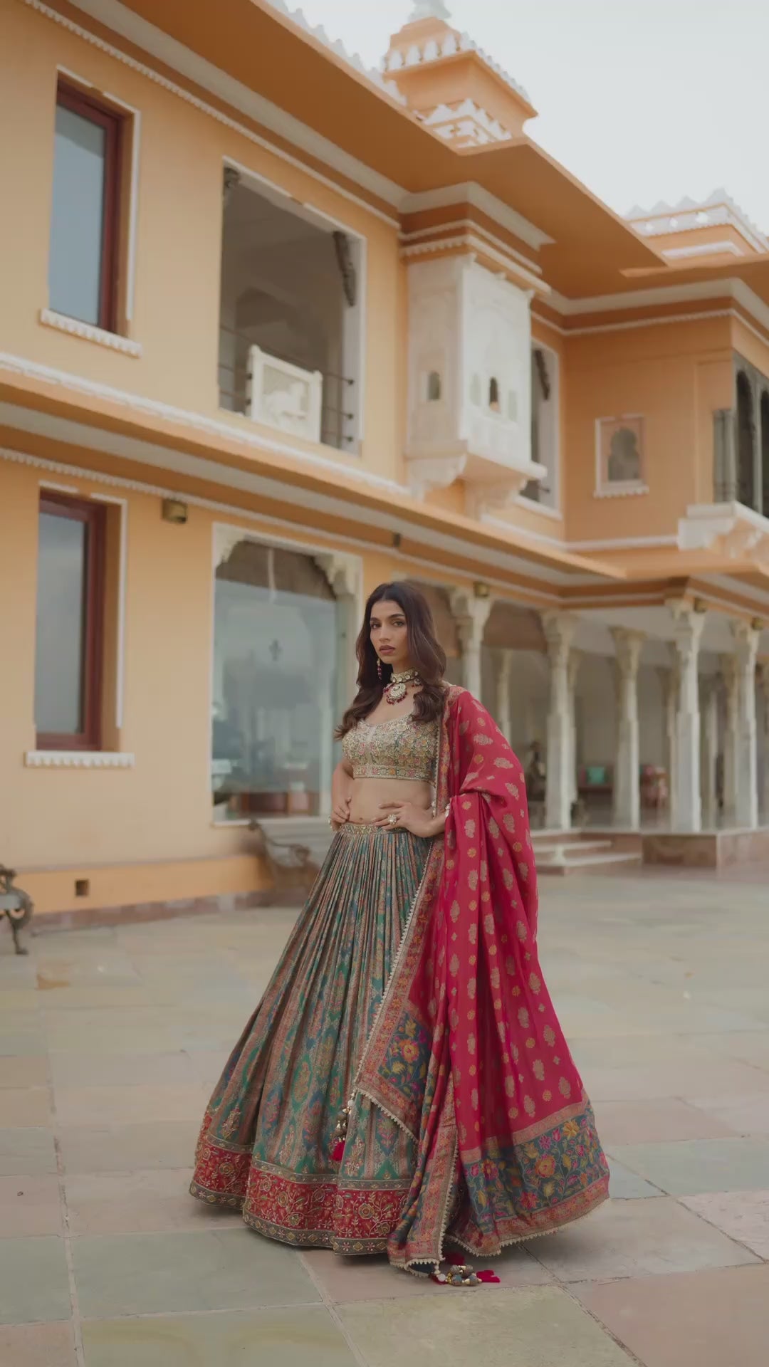 Teal Green and Red Embroidered Lehenga Choli with Antique Gold Floral Work