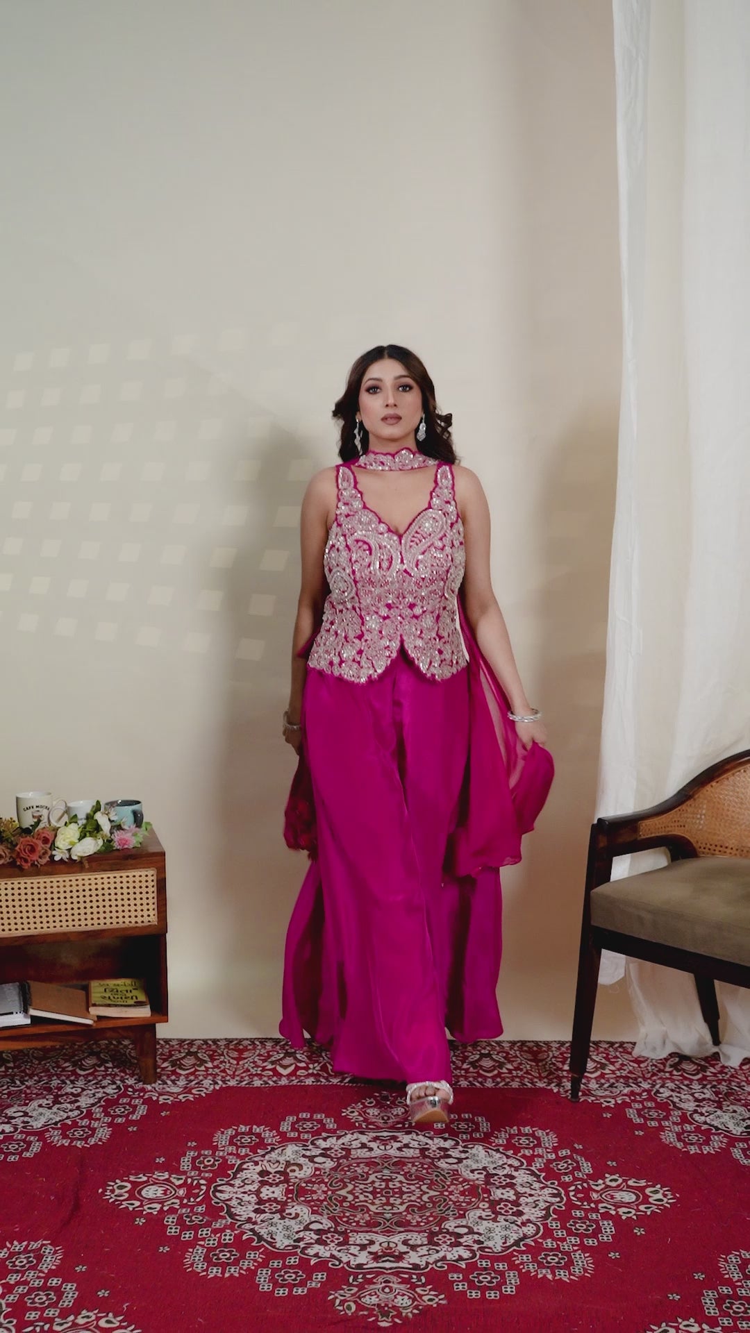 Hot Pink Embroidered Indo-Western Palazzo Set with Cape Dupatta