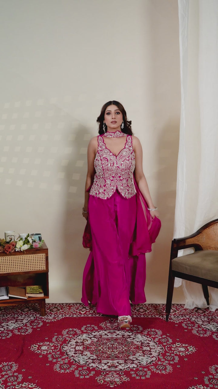 Hot Pink Embroidered Indo-Western Palazzo Set with Cape Dupatta