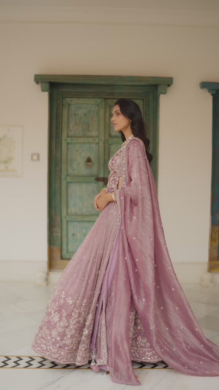 Dusty Mauve Floral Embroidered Lehenga Choli Set