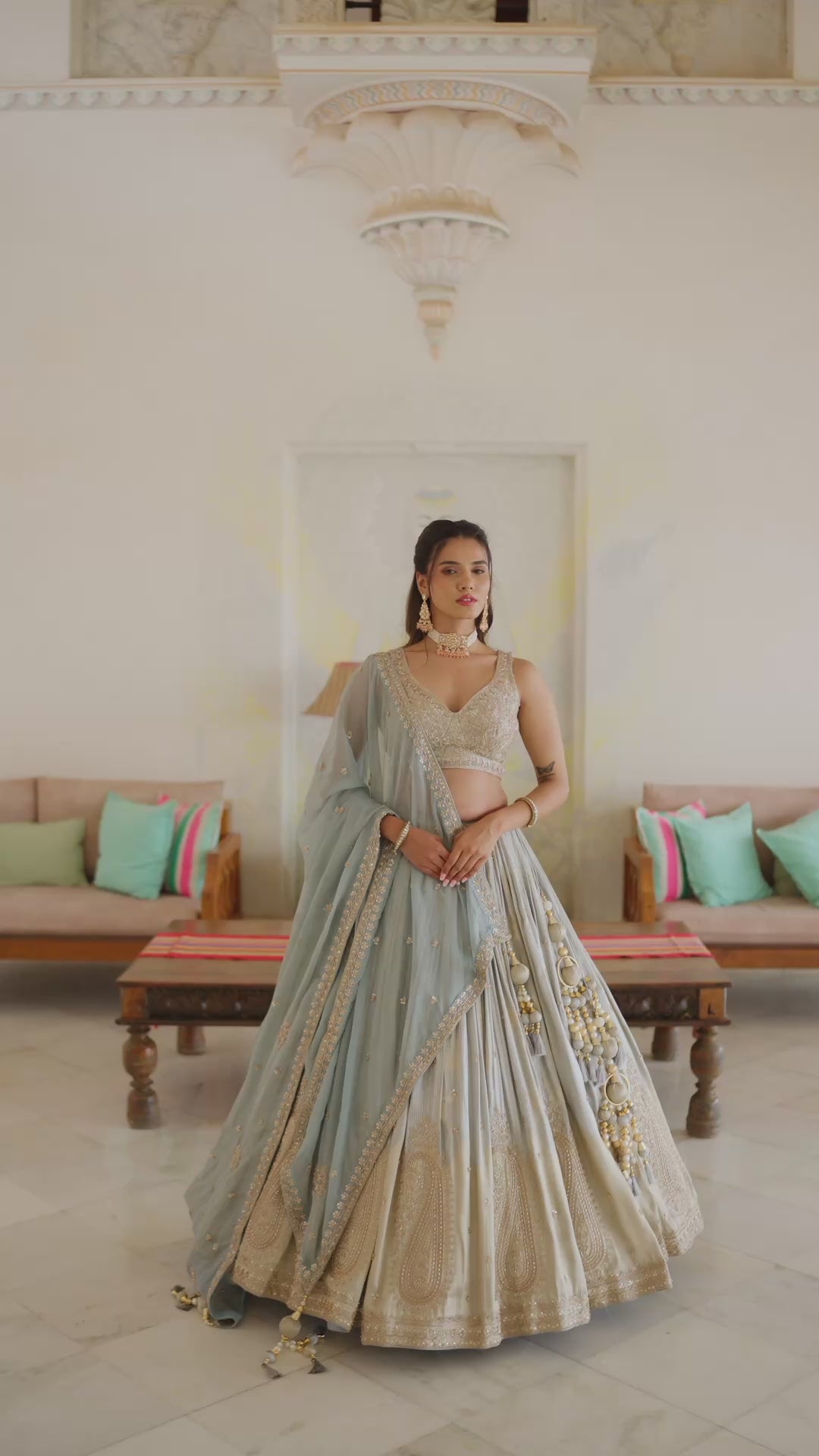 Ice Blue & Ivory Embroidered Bridal Lehenga Choli Set