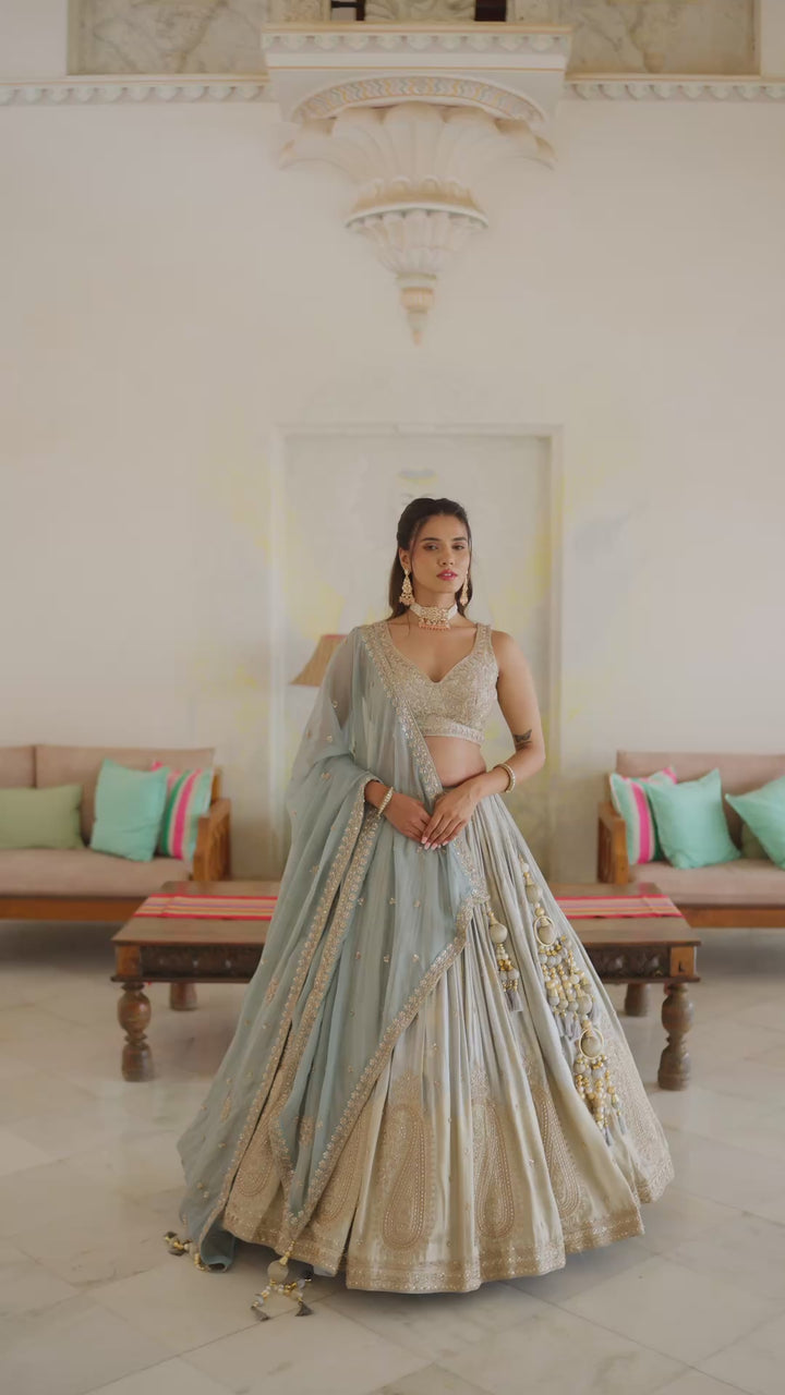 Ice Blue & Ivory Embroidered Bridal Lehenga Choli Set