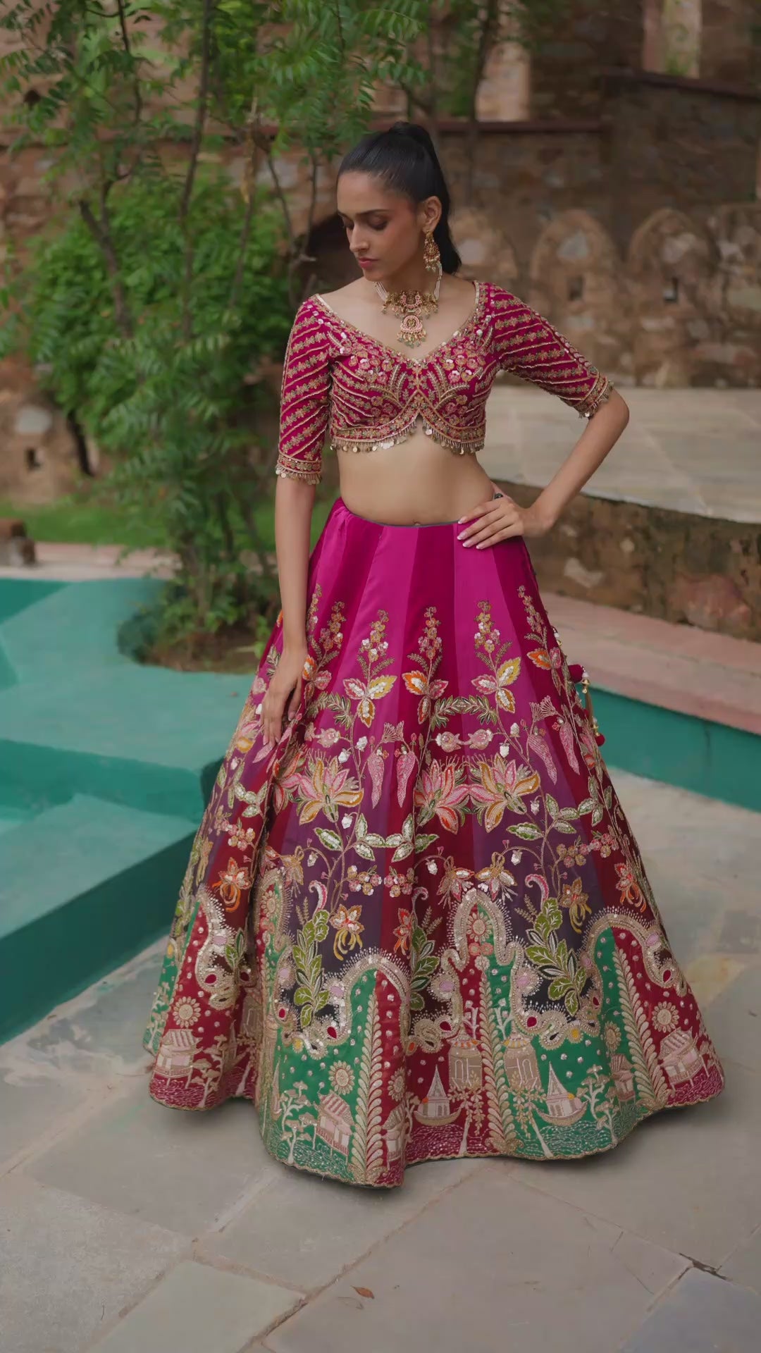 Magenta Pink Lehenga Choli with Multicolour Floral Embroidery and Traditional Motifs