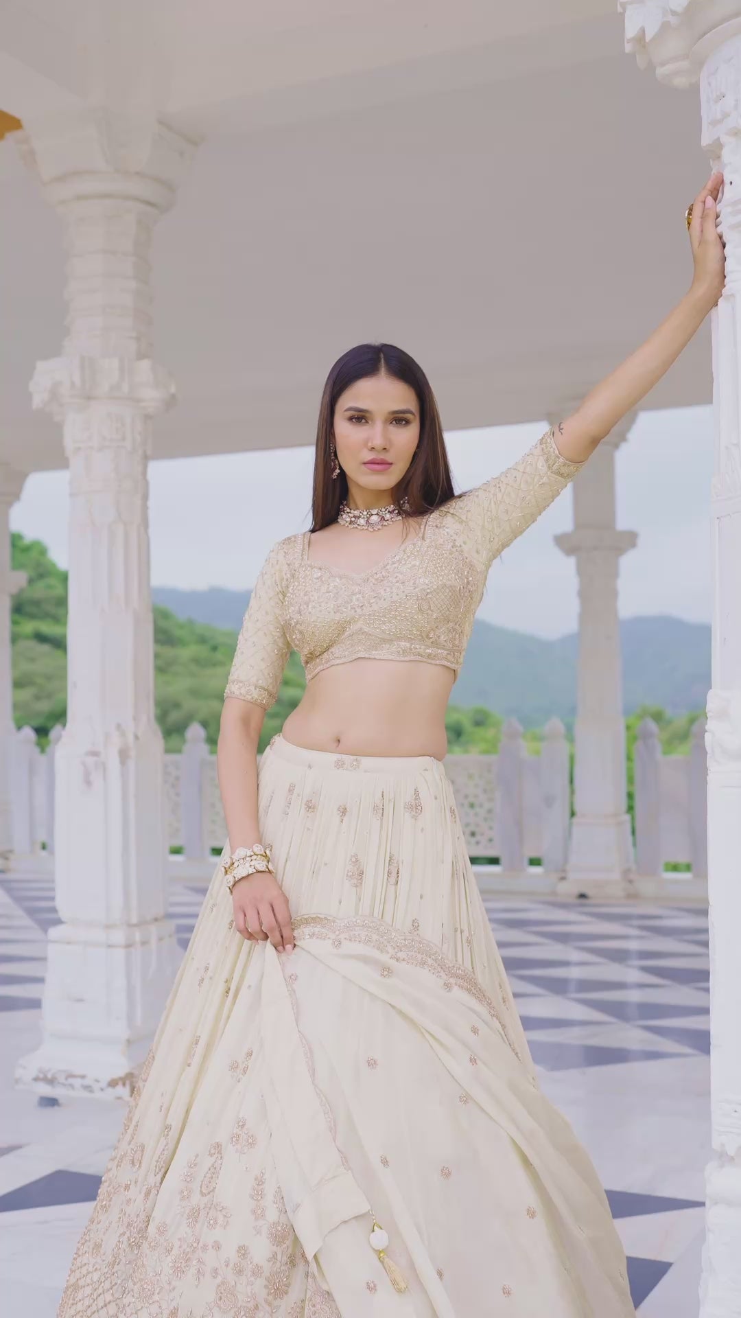 Golden Beige Threadwork Embellished Lehenga Choli Set