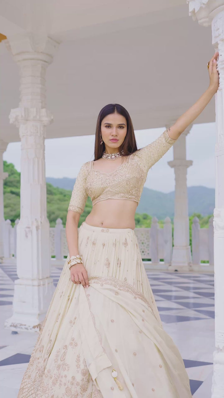 Golden Beige Threadwork Embellished Lehenga Choli Set