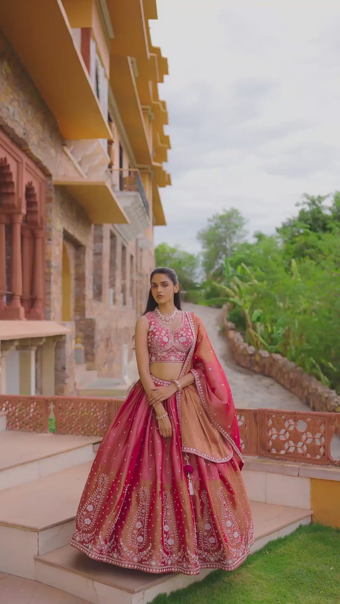 Coral Pink Lehenga Choli with Golden Floral Embroidery and Matching Dupatta