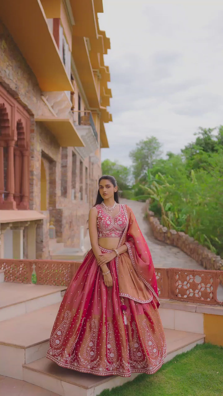 Coral Pink Lehenga Choli with Golden Floral Embroidery and Matching Dupatta
