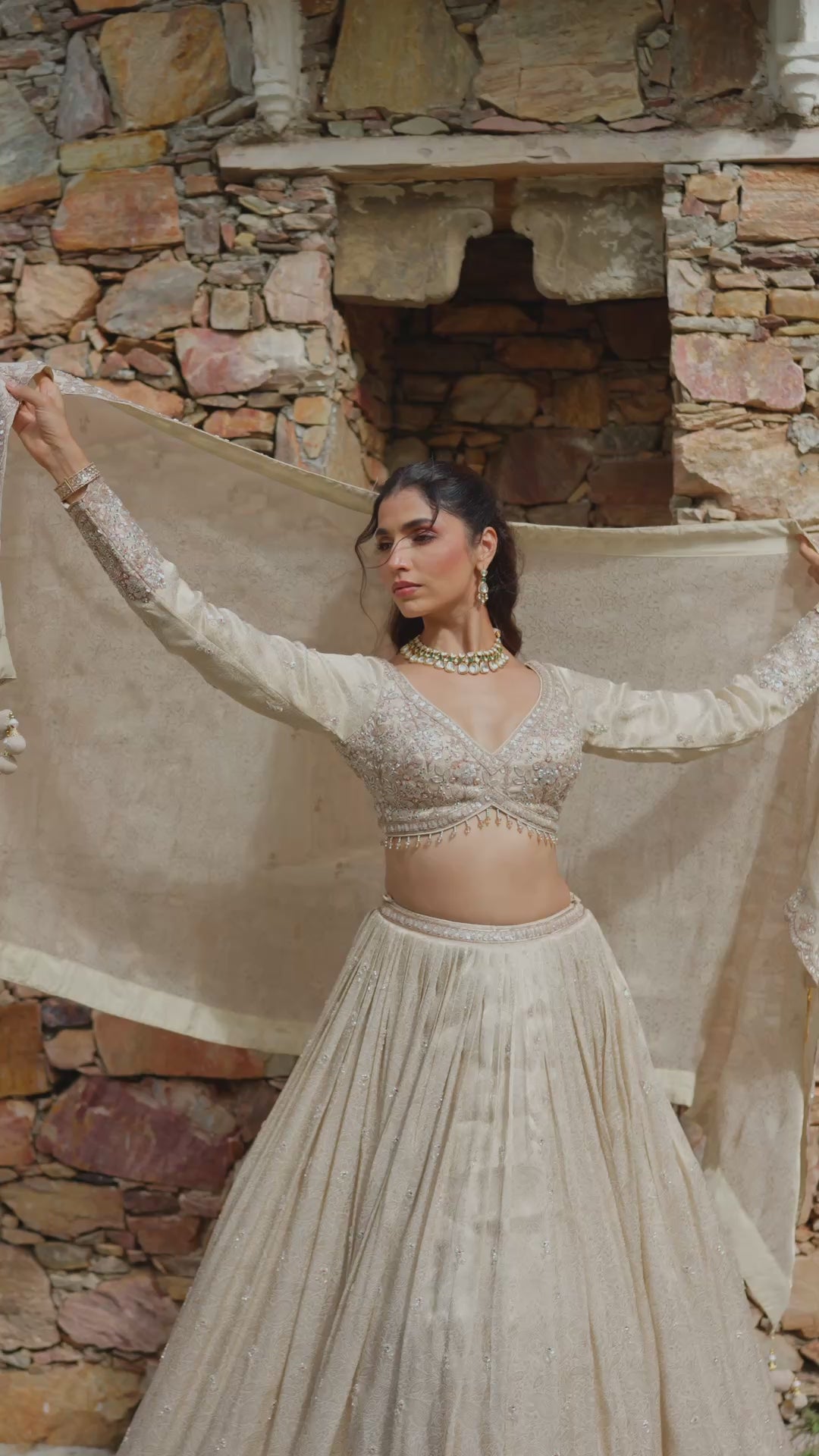 Champagne Beige Embroidered Lehenga Choli Set with Dupatta
