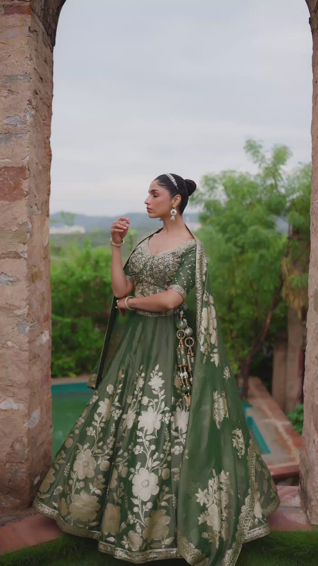 Dark Green Designer Lehenga Choli with Golden Floral Embroidery and Matching Dupatta
