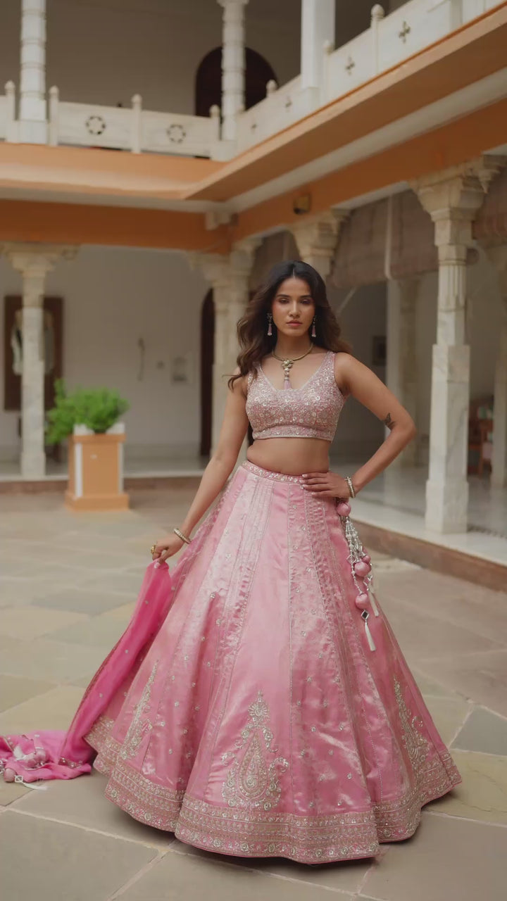 Blush Pink Lehenga Choli with Antique Gold Embroidery and Matching Dupatta