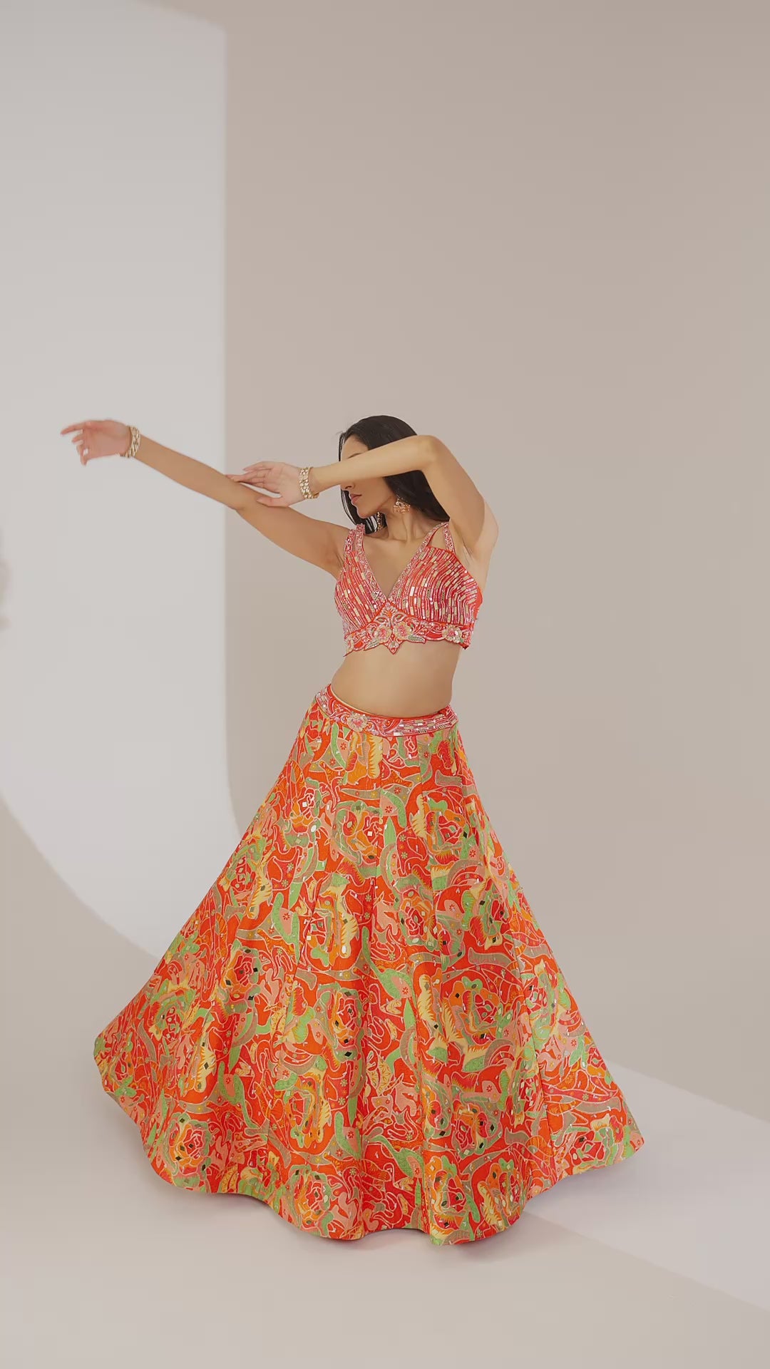 Crimson Red Multicolour Printed Designer Lehenga Set with Embellished Blouse & Dupatta