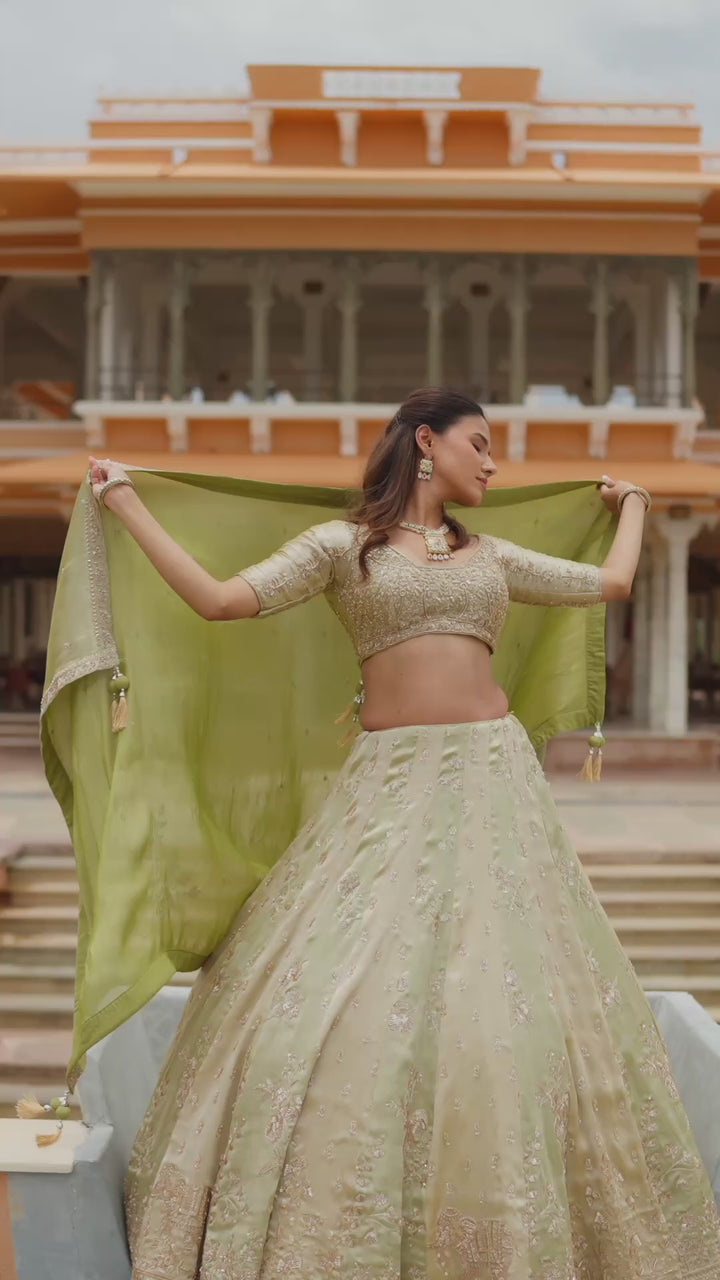 Sage Green Lehenga Choli with Golden Embroidery and Elegant Dupatta