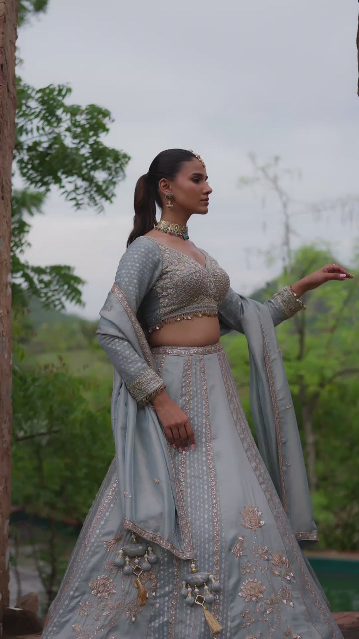 Powder Blue Designer Lehenga Choli with Silver Embroidery and Matching Dupatta