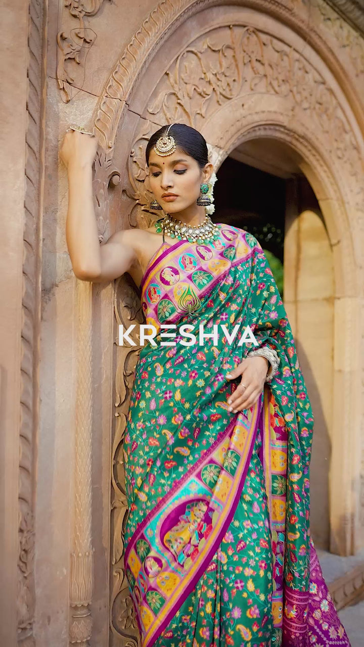 Deep Green Heritage Pashmina Printed Saree with Purple Border & Traditional Motifs