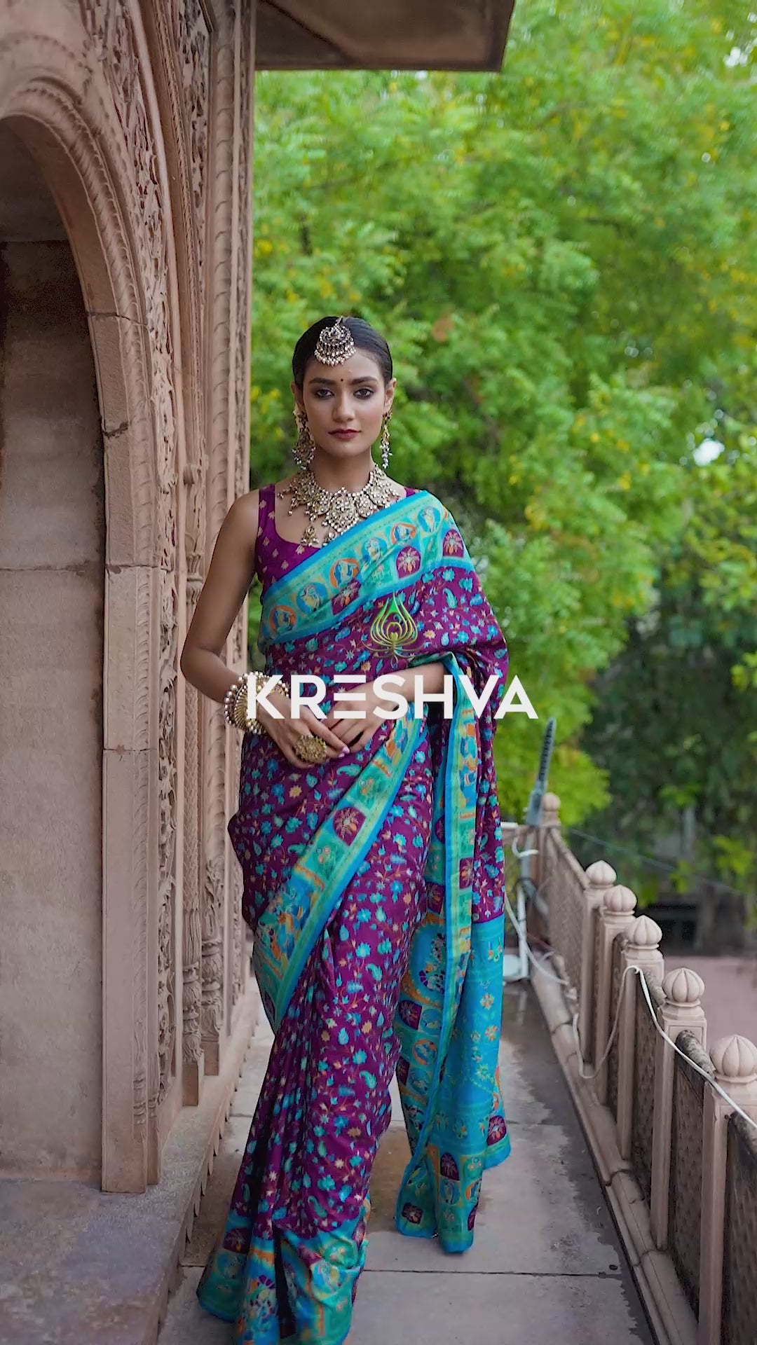 Wine Brown Heritage Pashmina Printed Saree with Turquoise Blue Border & Traditional Motifs