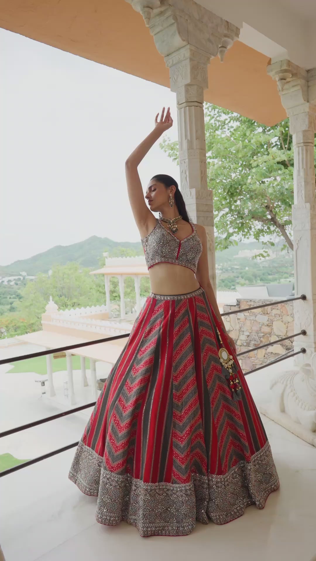 Dark Green and Red Lehenga Choli with Chevron Patterns and Golden Embroidery