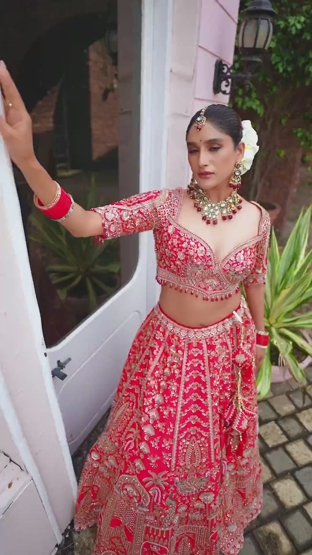 Crimson Royale – Red Bridal Lehenga with Intricate Silver Zari Embroidery