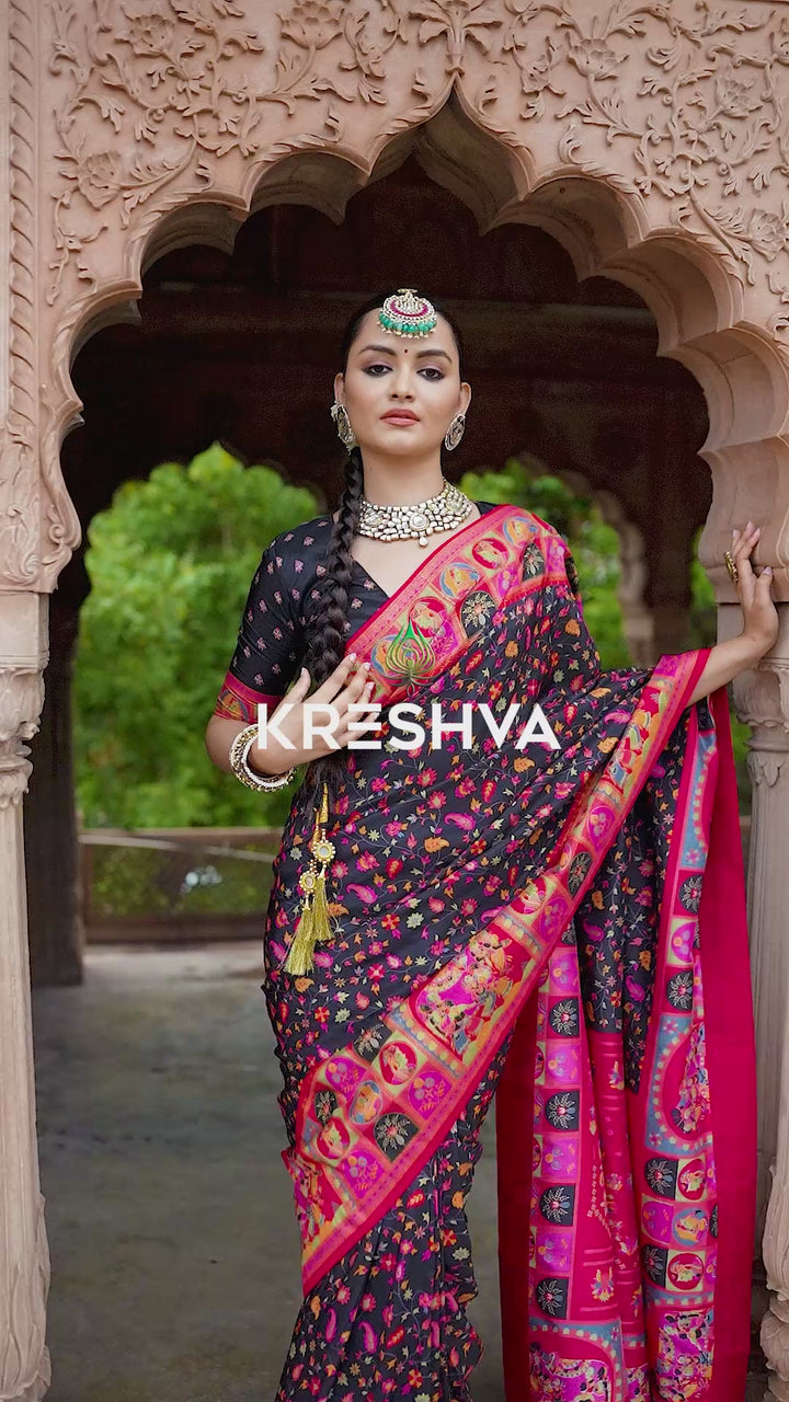 Classic Black Heritage Pashmina Printed Saree with Red Border & Traditional Motifs