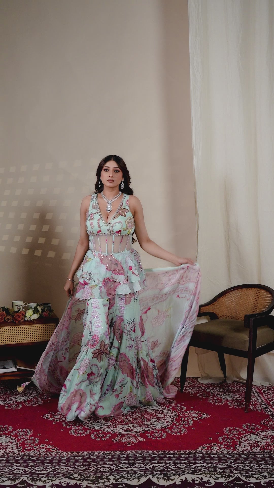 Pastel Mint Floral Indo-Western Palazzo Set with Dupatta