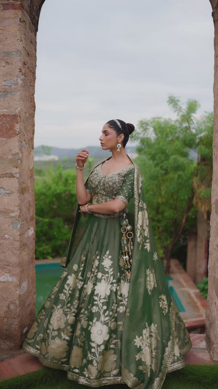 Emerald Green Floral Embroidered Designer Lehenga Choli Set with Dupatta